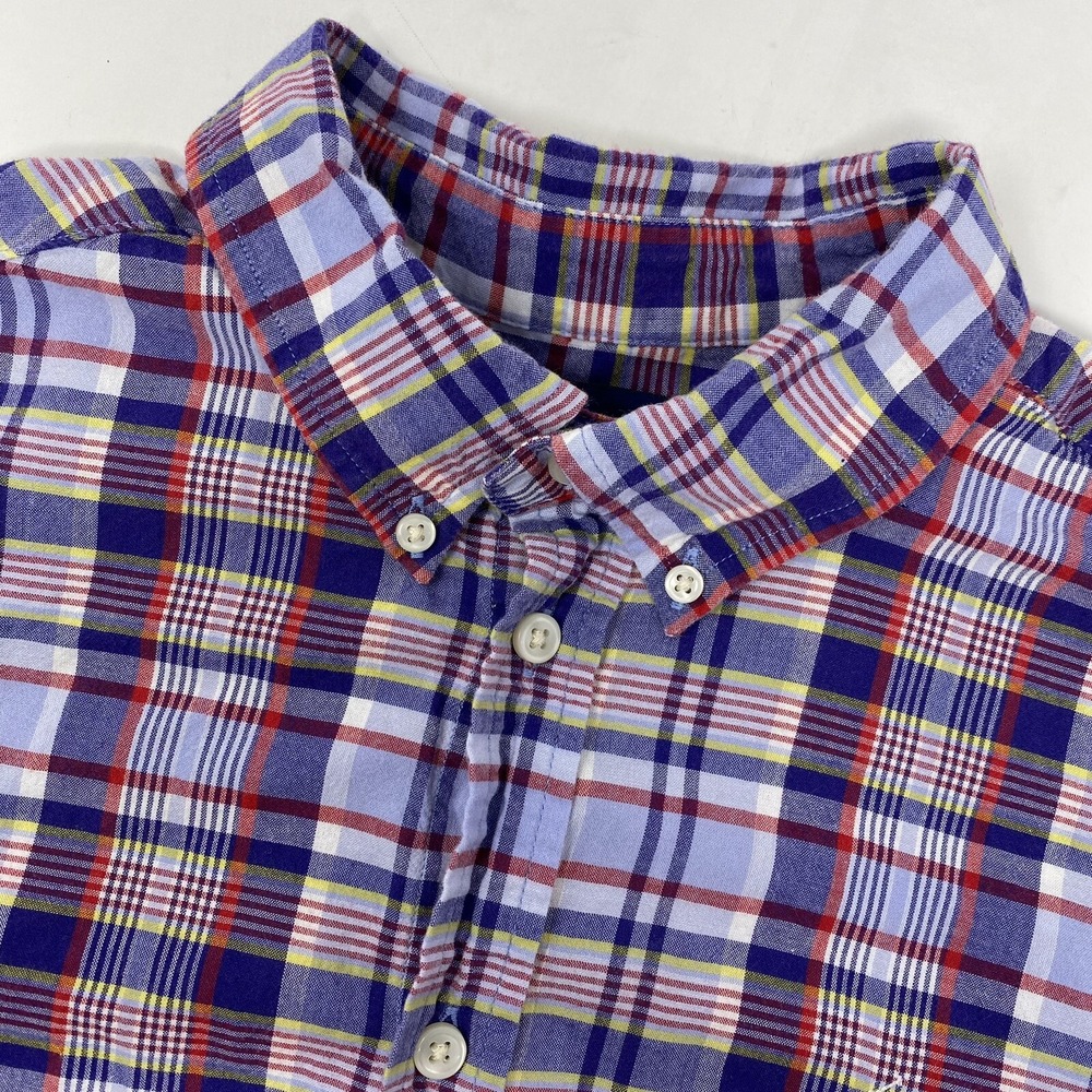 Ralph Lauren Button Down Shirt Boy L 14-16 Blue Red Plaid Short Sleeve Pony Logo